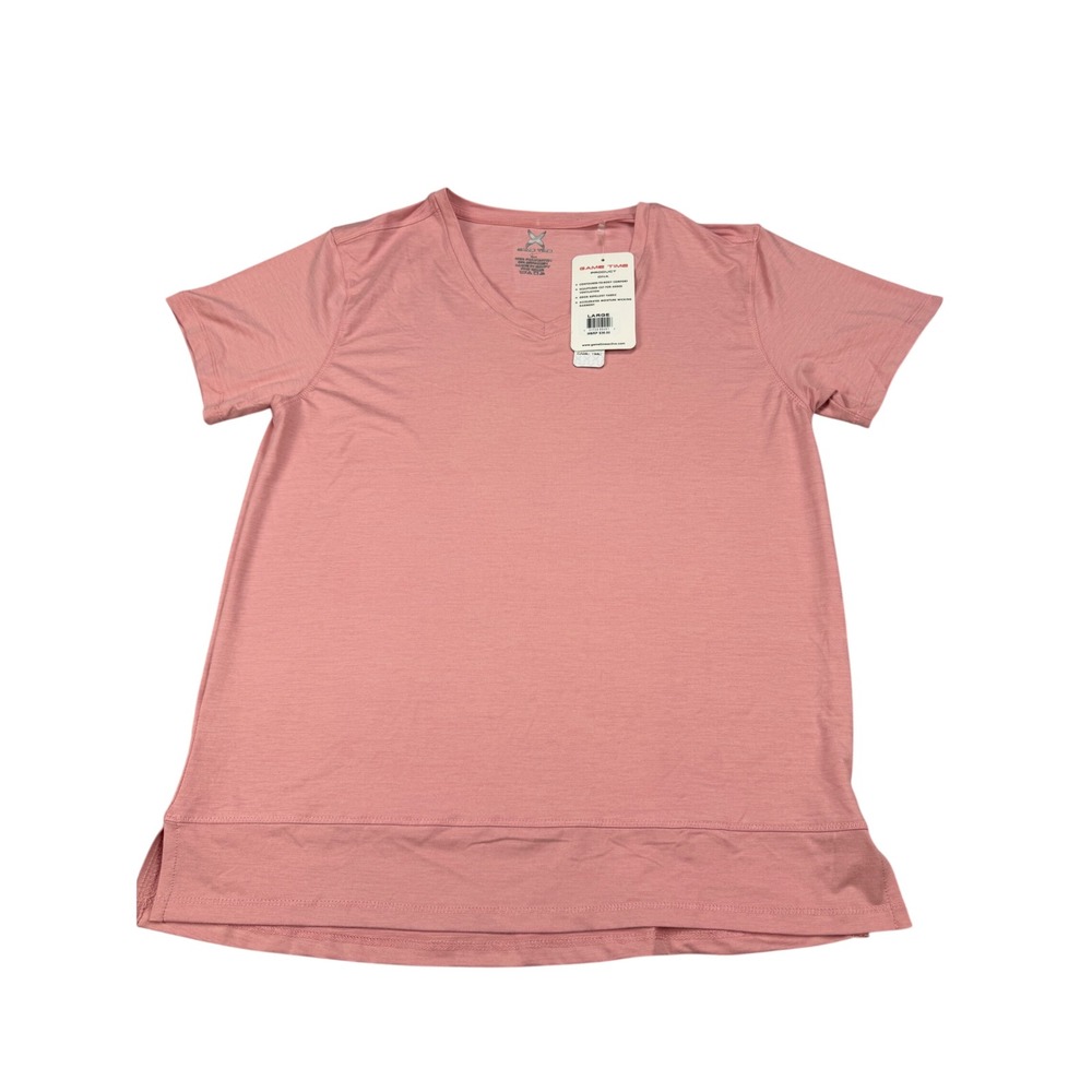 Game Time Womens V-Neck Active Performance T-Shirt Pink Large NWT MSRP $36